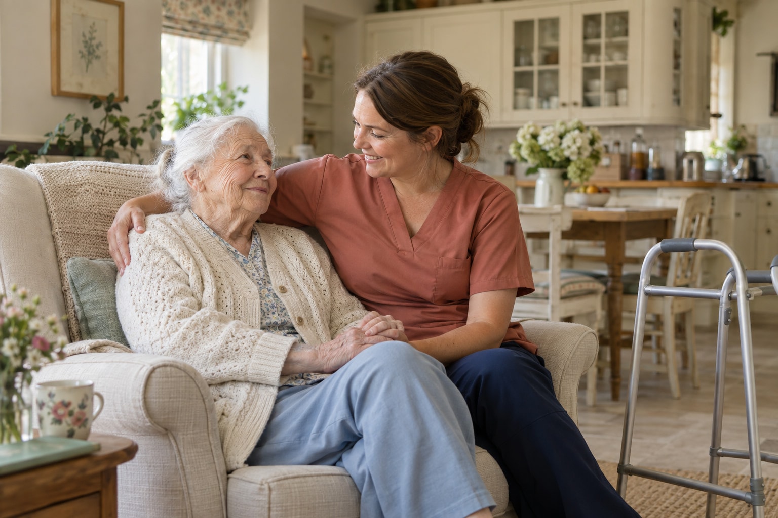 A carer sits beside an older woman in her armchair with an arm around her, the two of them smiling at each other in a bright, homely living room.